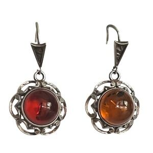 Silver Tone Heart Frame‎ Amber Cabochon Dangle Hook Earrings 1 1/2" Vintage